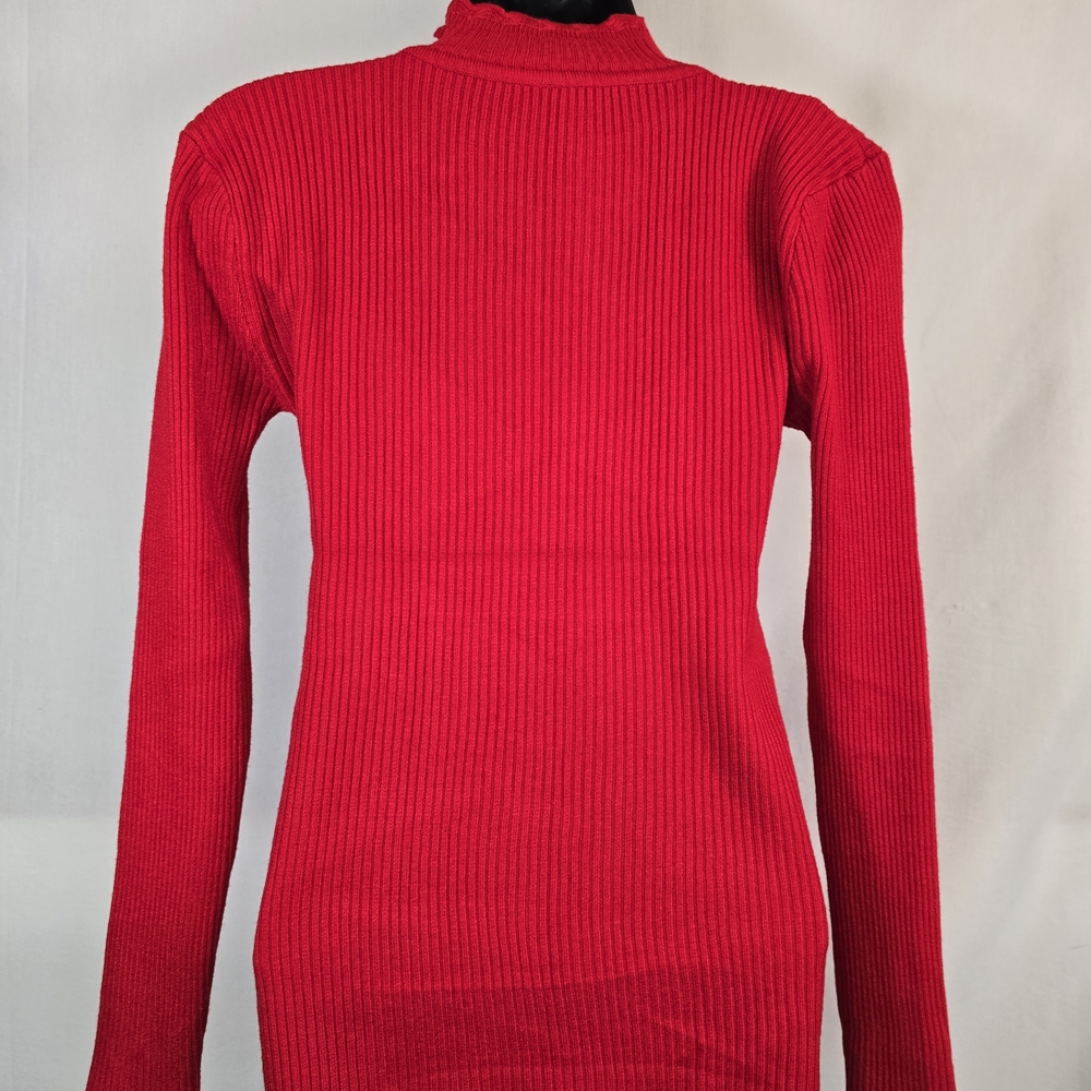 Red Ribbed Turtle Neck Sweater with Mesh And Rhinestone Detail - Picture 2 of 2